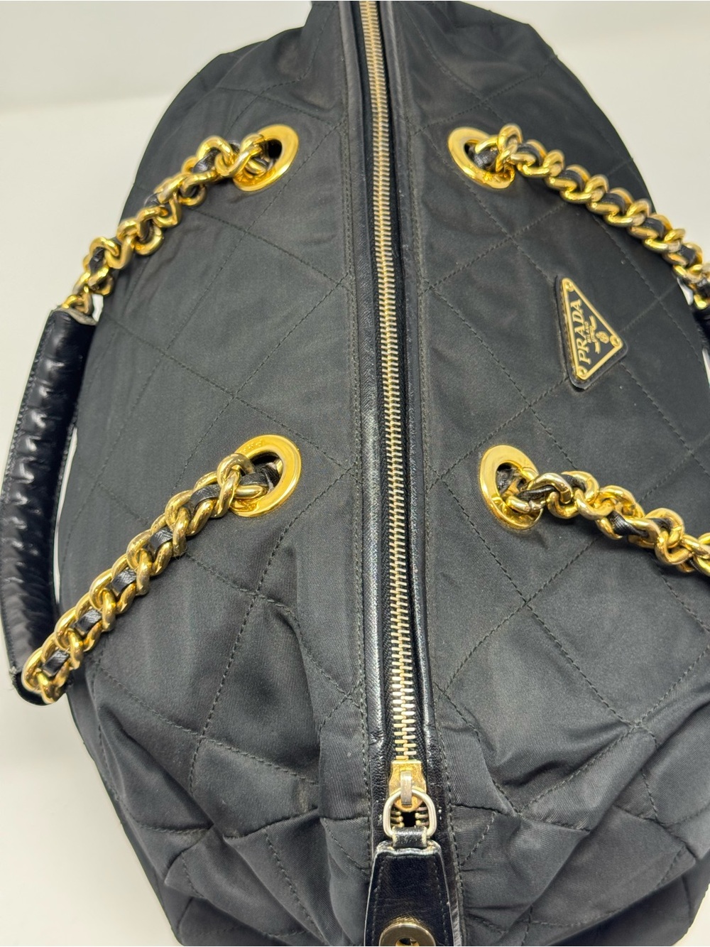 💯Authentic PRADA Black Nylon Triangle Golden Chain Shopper Bag - Picture 10 of 10